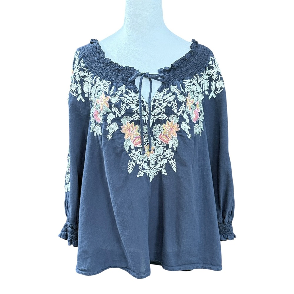 Sundance Top Womens L Embroidered Peasant Blouse Navy Blue Floral Smocked Boho